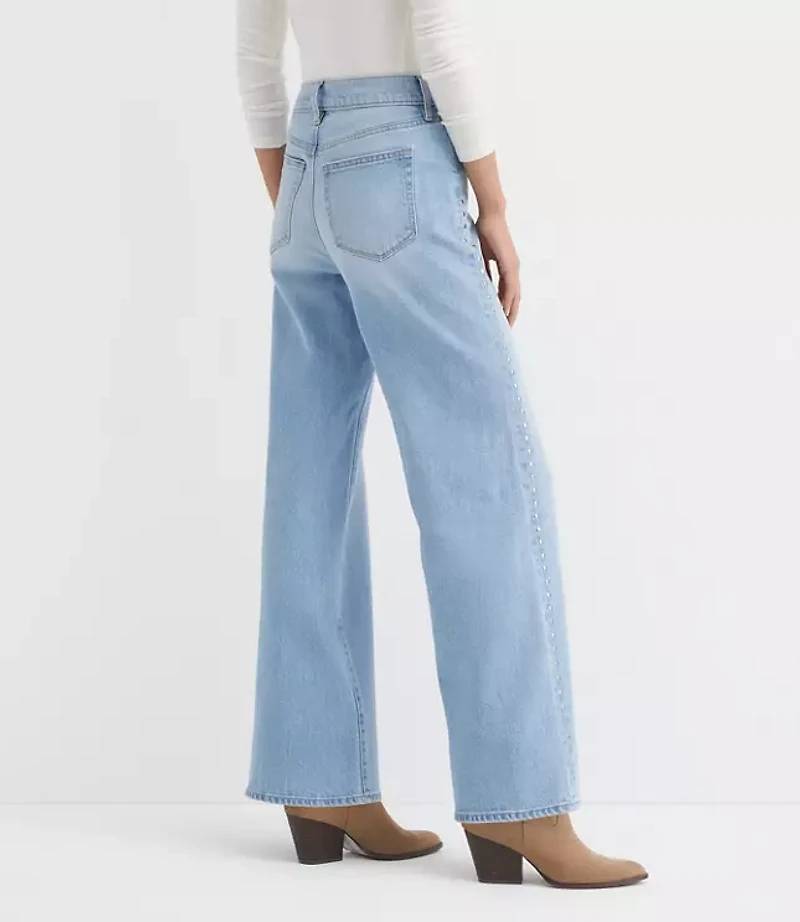 Petite Curvy Studded High Rise Wide Leg Jeans Mid Vintage Wash