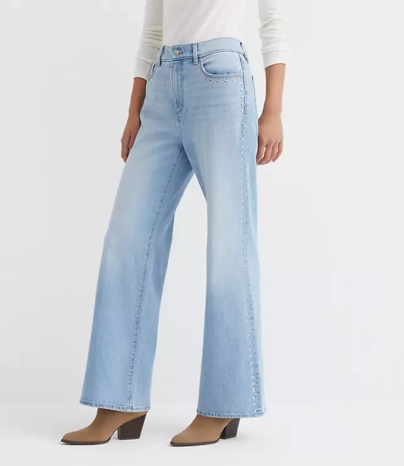 Petite Curvy Studded High Rise Wide Leg Jeans Mid Vintage Wash
