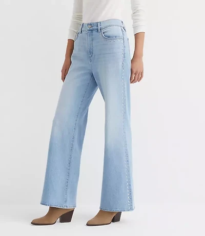 Petite Curvy Studded High Rise Wide Leg Jeans Mid Vintage Wash