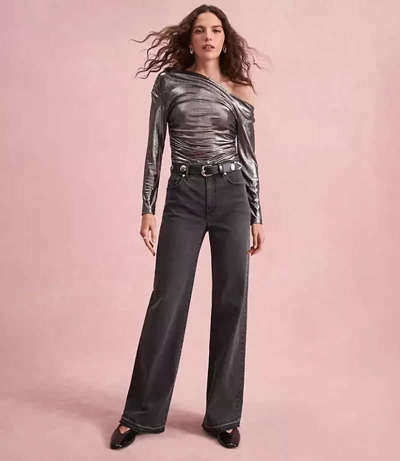 Petite Unpicked Hem High Rise Wide Leg Jeans in Washed Black