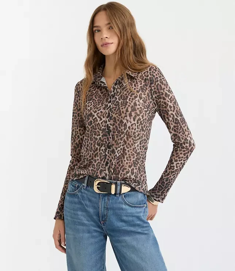 Petite Leopard Print Mesh Shirt
