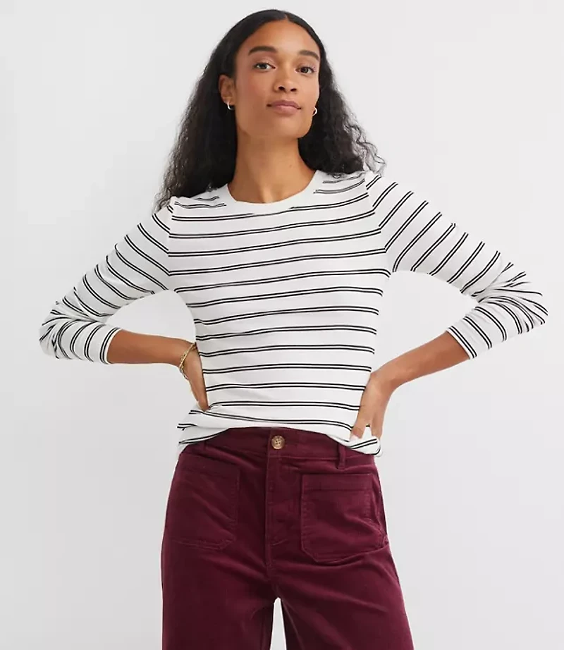 Stripe Ribbed Crew Neck Long Sleeve Tee