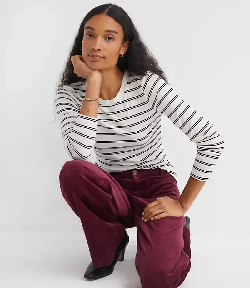 Stripe Ribbed Crew Neck Long Sleeve Tee