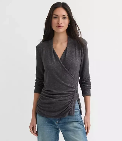 Petite Heathered Button Side Ruched Top