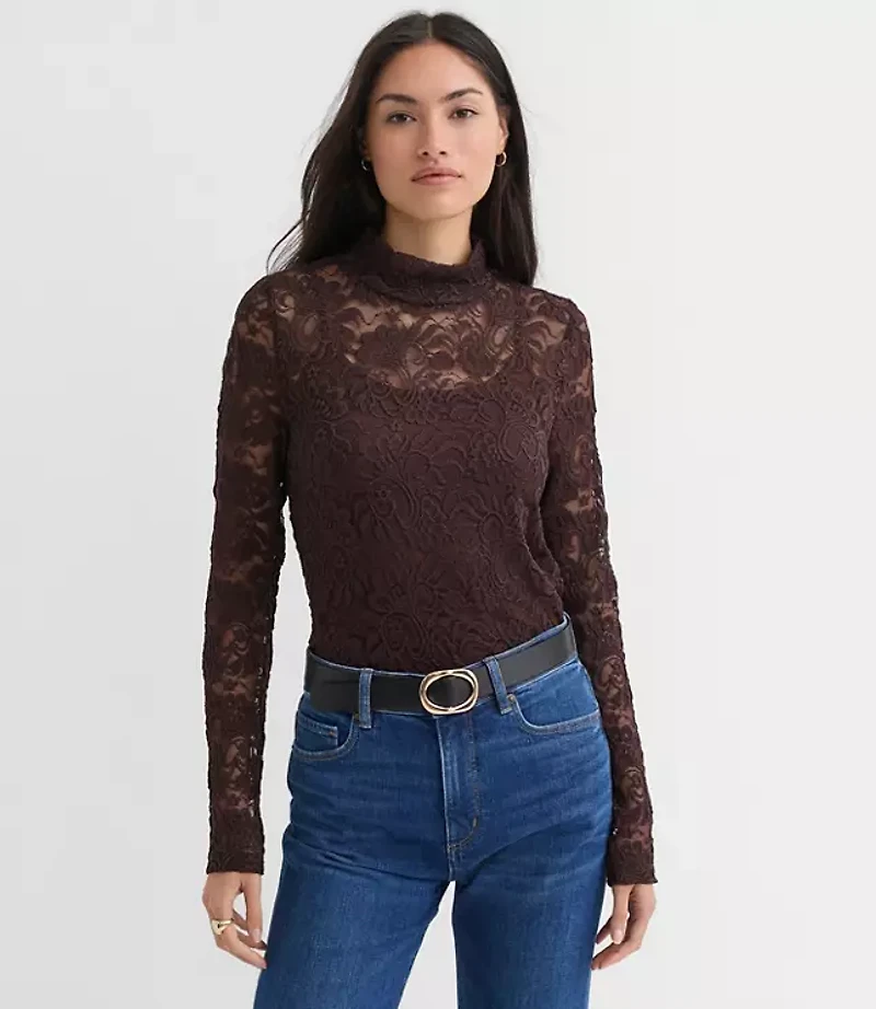 Petite Lace Long Sleeve Turtleneck Top