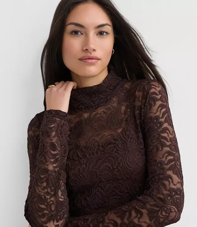 Petite Lace Long Sleeve Turtleneck Top