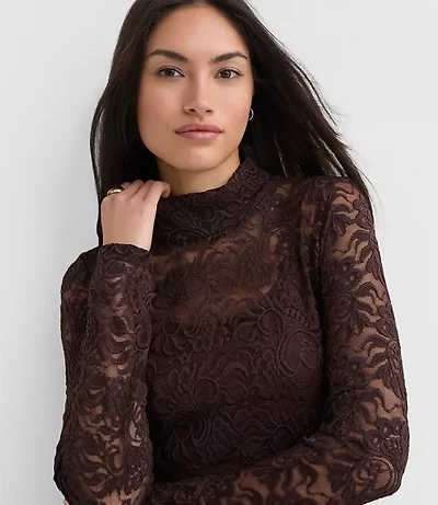 Petite Lace Long Sleeve Turtleneck Top