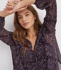 Floral Ruffle Button Tie Neck Blouse