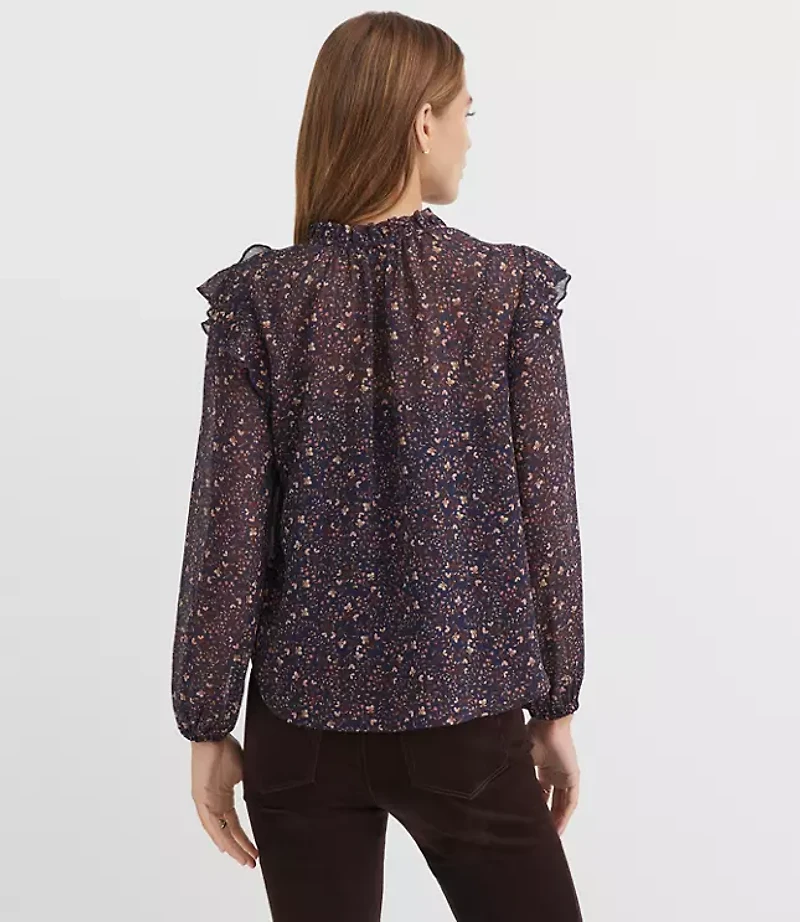 Floral Ruffle Button Tie Neck Blouse