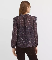 Floral Ruffle Button Tie Neck Blouse