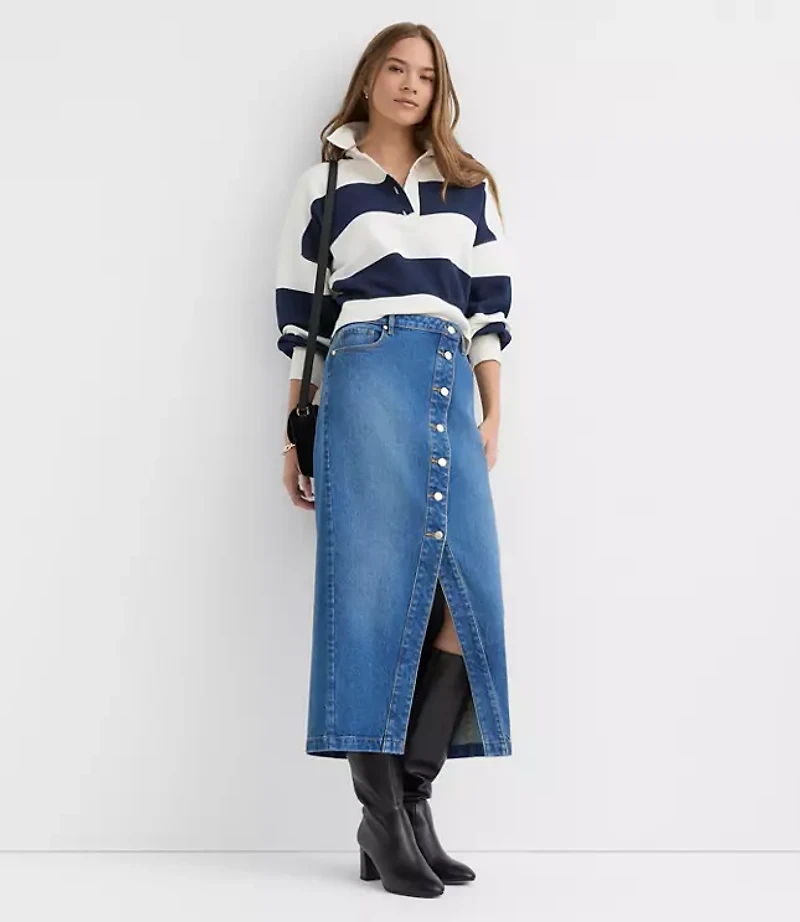 Cutaway Denim Midi Skirt Modern Indigo Wash