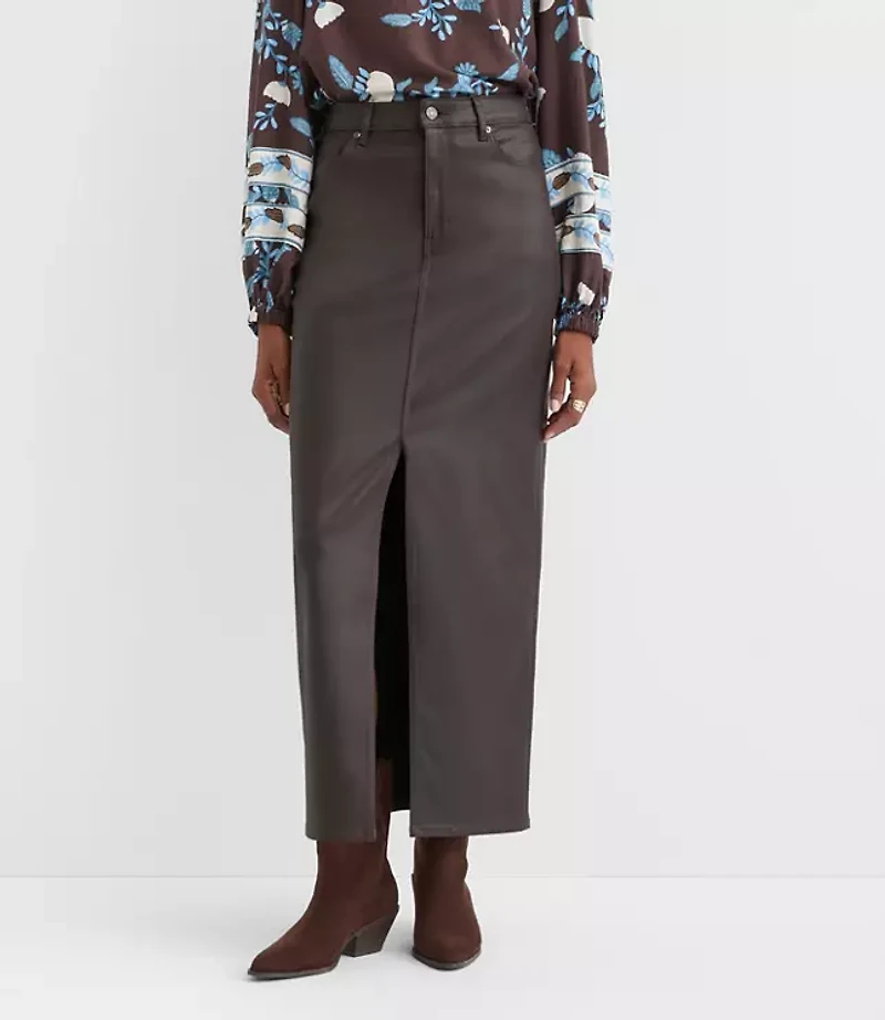Coated Denim Maxi Skirt Brown