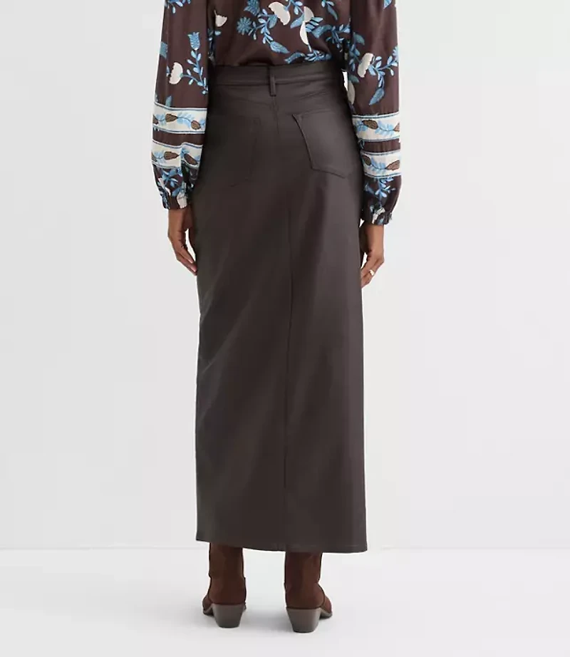 Coated Denim Maxi Skirt Brown