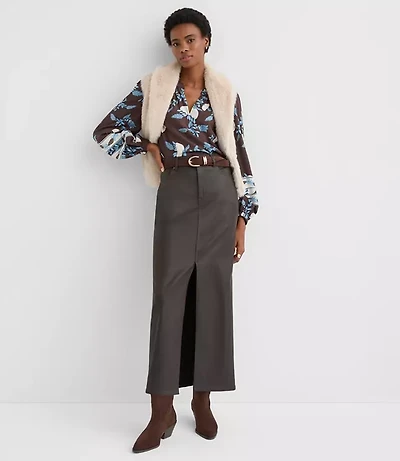 Coated Denim Maxi Skirt Brown