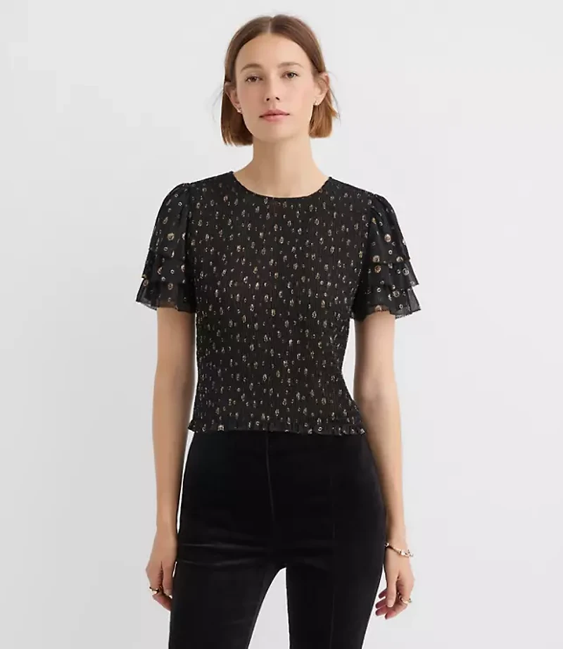 Shimmer Dot Smocked Ruffle Top