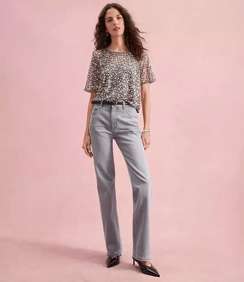 Petite Mid Rise Relaxed Straight Jeans in Grey