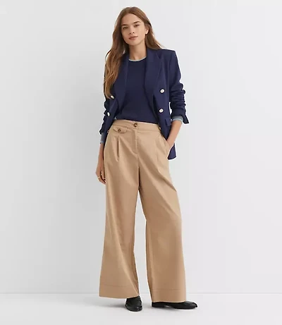 Coin Pocket Pleated Wide Leg Pants Twill
