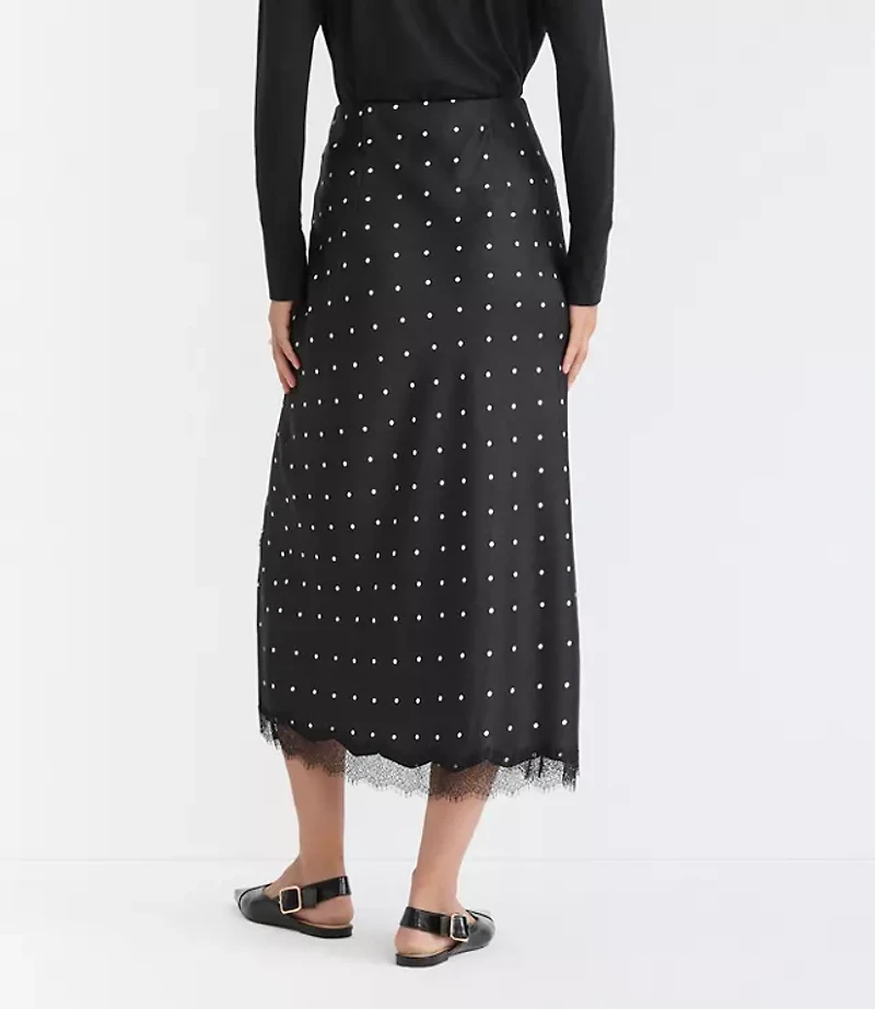 Petite Dotted Lace Trim Satin Bias Midi Skirt