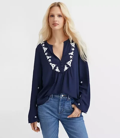 Petite Floral Embroidered Bib Blouse