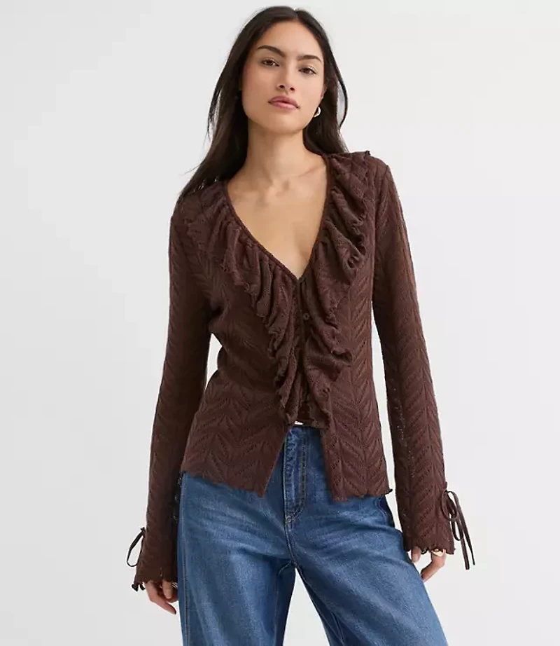 Pointelle Ruffle Tie Cuff Top