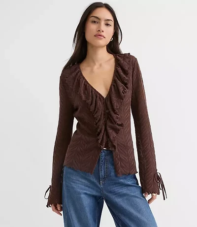 Pointelle Ruffle Tie Cuff Top