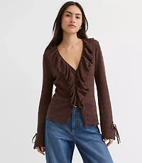 Pointelle Ruffle Tie Cuff Top