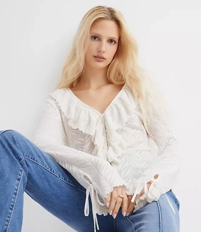 Pointelle Ruffle Tie Cuff Top