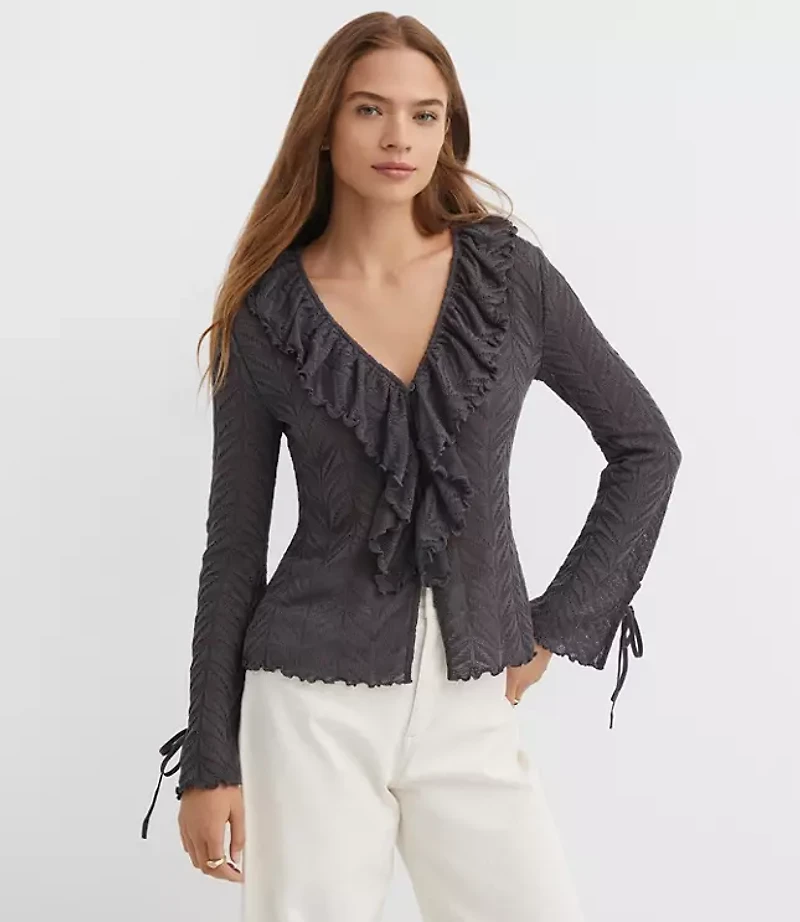 Pointelle Ruffle Tie Cuff Top