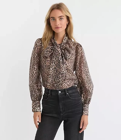 Petite Leopard Print Blouson Sleeve Bow Blouse