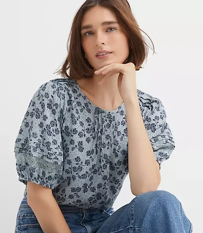 Floral Lace Trim Pintucked Blouse