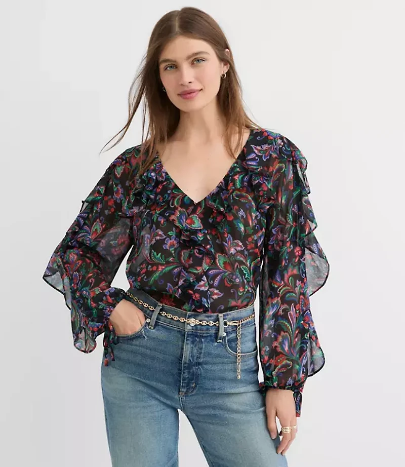 Floral Ruffle Tie Cuff Blouse