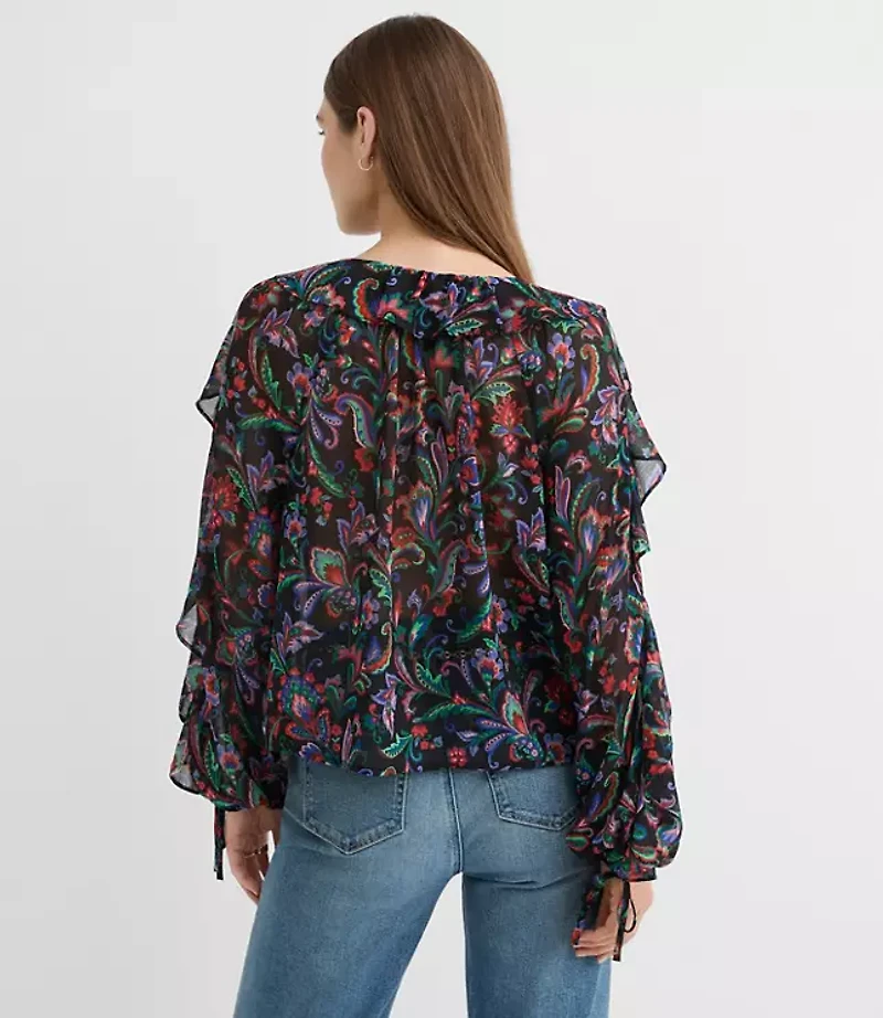 Floral Ruffle Tie Cuff Blouse