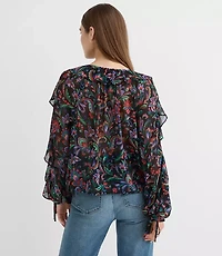 Floral Ruffle Tie Cuff Blouse
