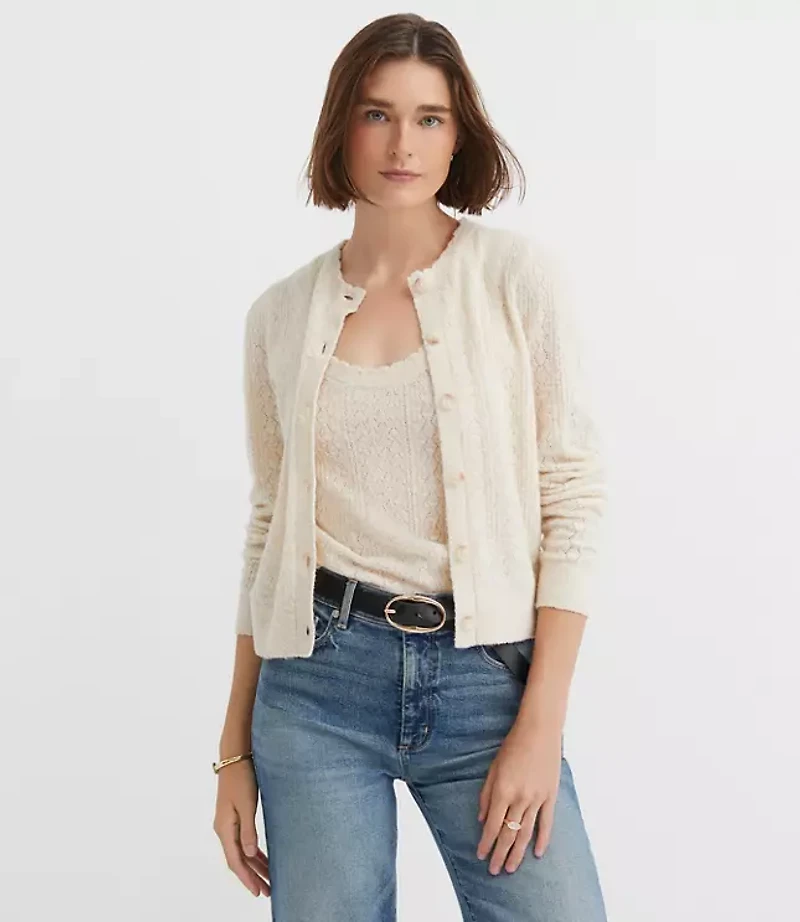 Petite Scalloped Pointelle Puff Sleeve Cardigan