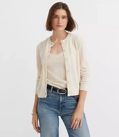 Petite Scalloped Pointelle Puff Sleeve Cardigan