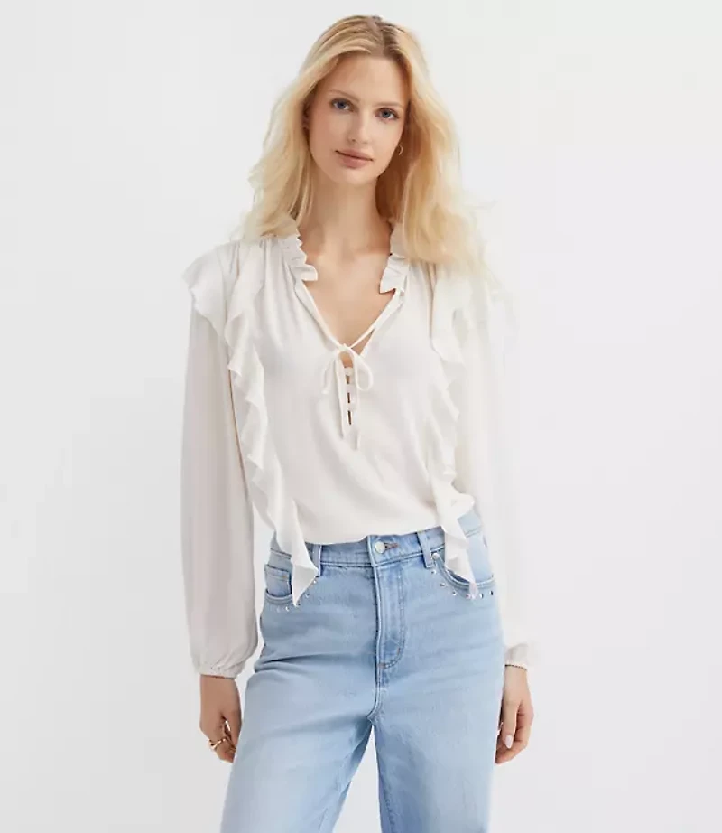 Ruffle Button Tie Neck Blouse