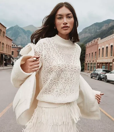 Pointelle Yoke Mock Neck Sweater