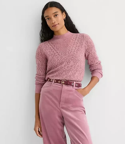 Pointelle Yoke Mock Neck Sweater