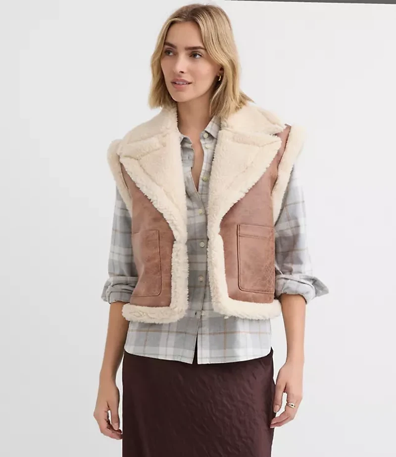Petite Crackled Faux Suede Sherpa Vest