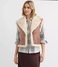 Petite Crackled Faux Suede Sherpa Vest