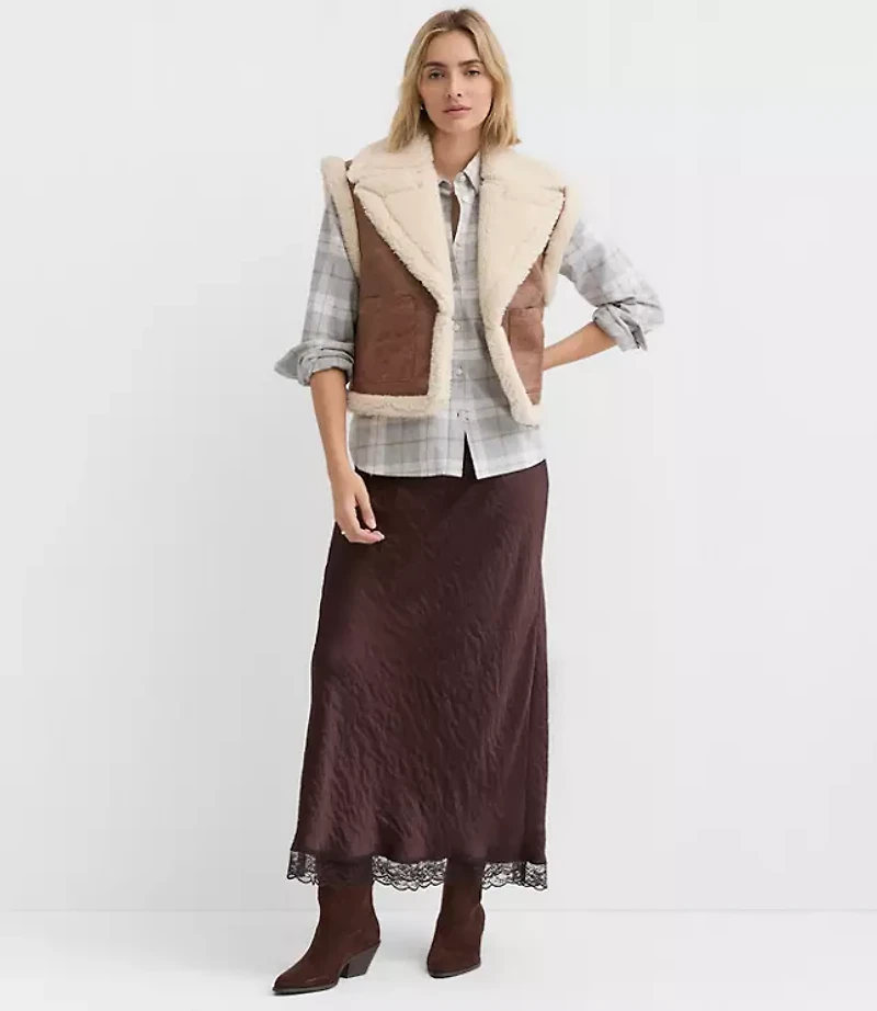 Petite Crackled Faux Suede Sherpa Vest