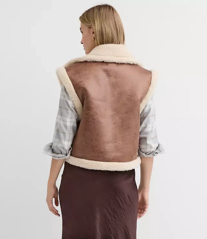 Petite Crackled Faux Suede Sherpa Vest