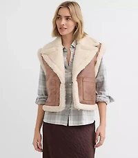 Petite Crackled Faux Suede Sherpa Vest