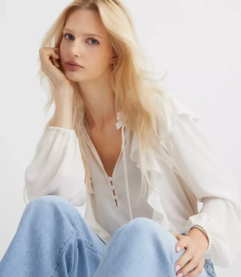 Petite Ruffle Button Tie Neck Blouse