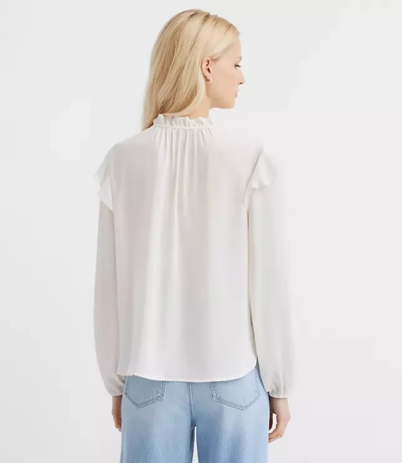 Petite Ruffle Button Tie Neck Blouse