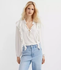 Petite Ruffle Button Tie Neck Blouse