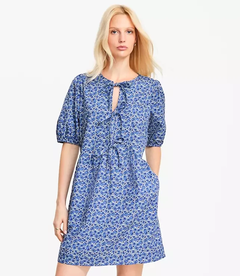 Floral Poplin Bow Mini Pocket Dress