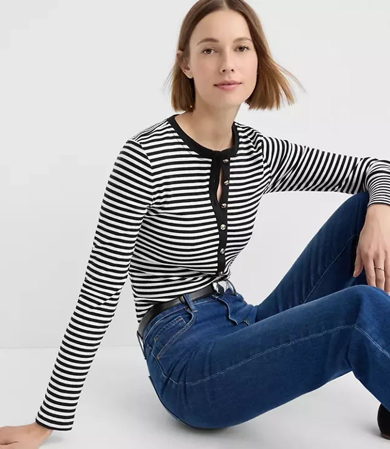 Stripe Metallic Button Henley Top