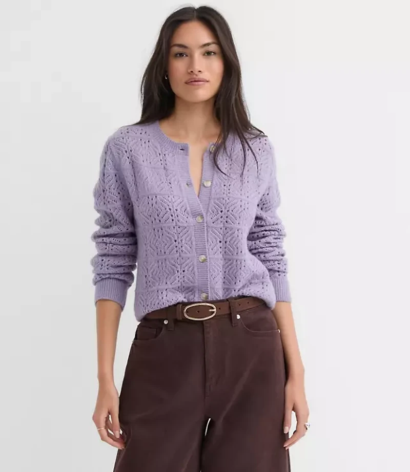 Petite Windowpane Pointelle Cardigan
