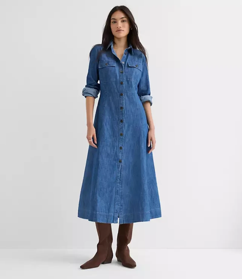 Petite Chambray Seamed Midi Pocket Shirtdress